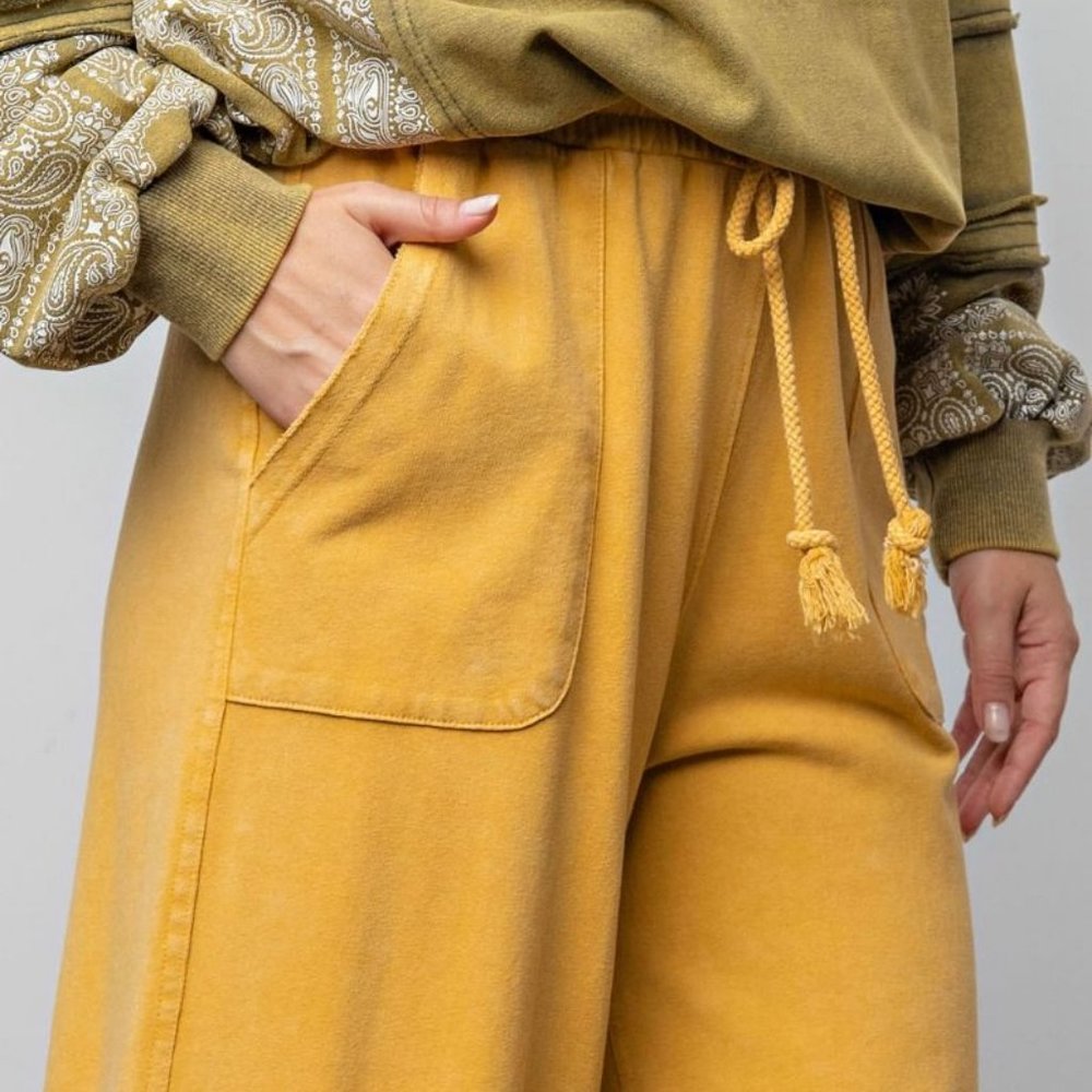 Easel Washed Terry Knit Wide Unfinished Trim Relaxed Mustard Pants - Picture 4 of 5